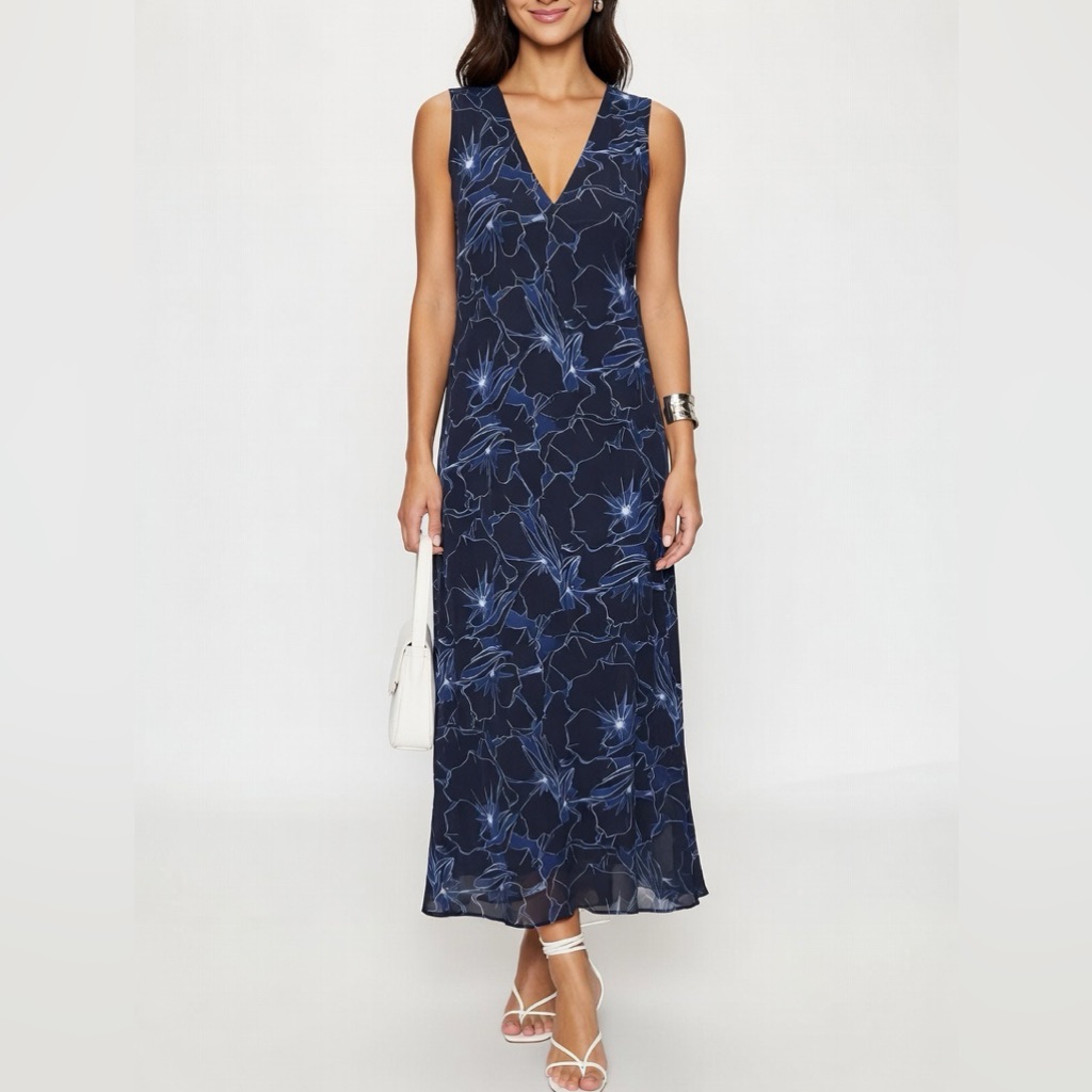 Club Monaco Navy Floral V-Neck Maxi Dress